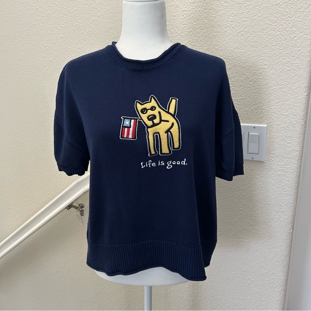 Life Is Good Short Sleeve Sweater Knit Top Navy Happy Dog Ball Womens Sz Large